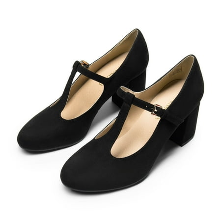 BURUDANI Women s T-strap Mary Jane Pumps Low Chunky Heels Wedding Dress Shoes BLACK Size 7