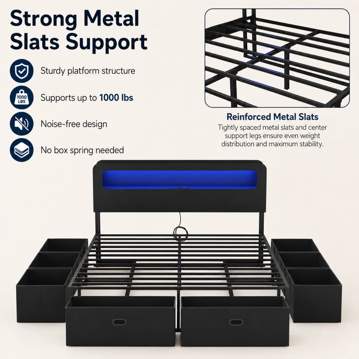 Miniyam Queen Platform Bed Frame with 8 Storage Drawers, LED Lights, Bookshelf Headboard and Charging Station, Black
