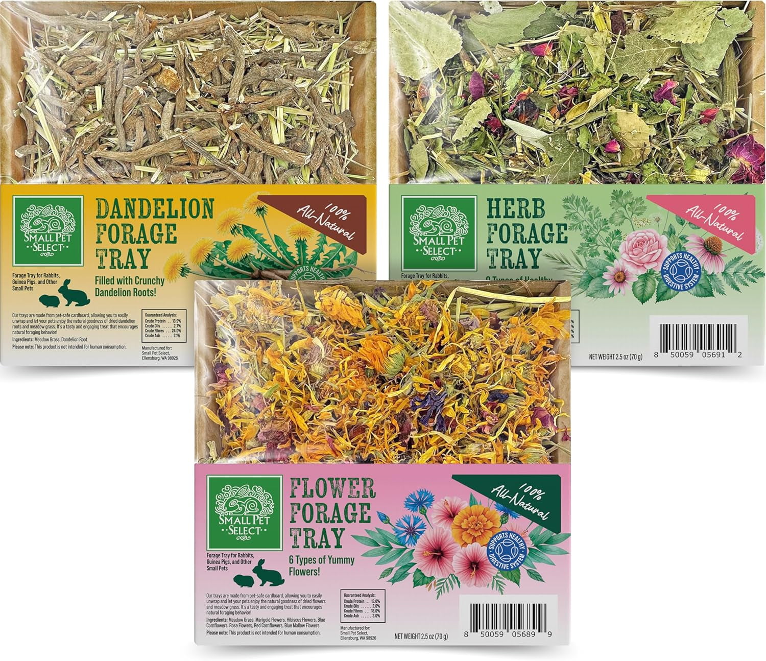 Small Pet Select - Forage Tray Bundle, Three Trays-Dandelion, Herb Mix, and Flower Mix, 2.5oz Each