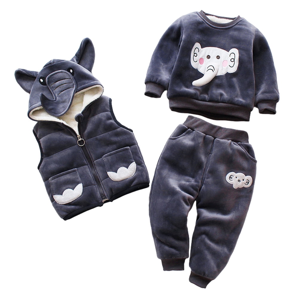 Esaierr 1-5Y Baby Boys Girls Sweatshirt Outfits Double-Sided Velvet Fall Winter Clothing Set Toddler Cartoon Elephant Three-Piece Set