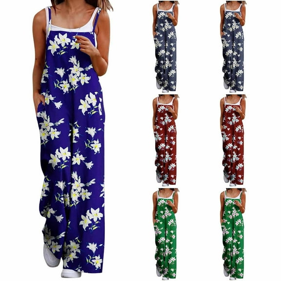 Olyvenn Jumpsuits for Women Casual Wide Leg Loose Boho Overalls Floral Print Baggy Rompers 2025 Spring Outfits with Pockets Blue 10