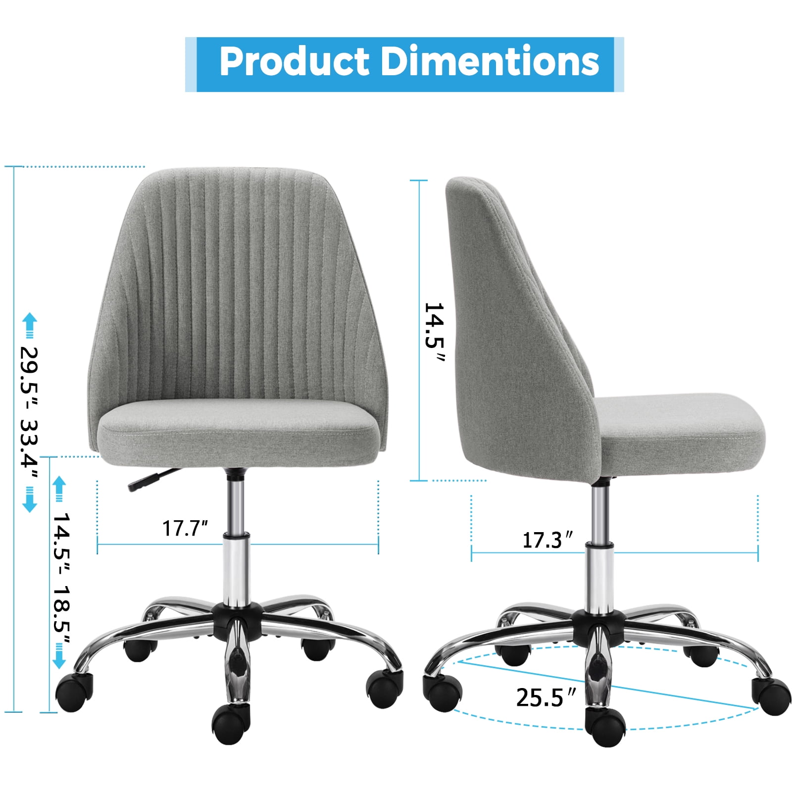 edx Vanity Chair, Armless Desk Chair with Wheels, Adjustable Swivel Fabric Makeup Chair, Comfortable Home Office Task Computer Chair, Gray