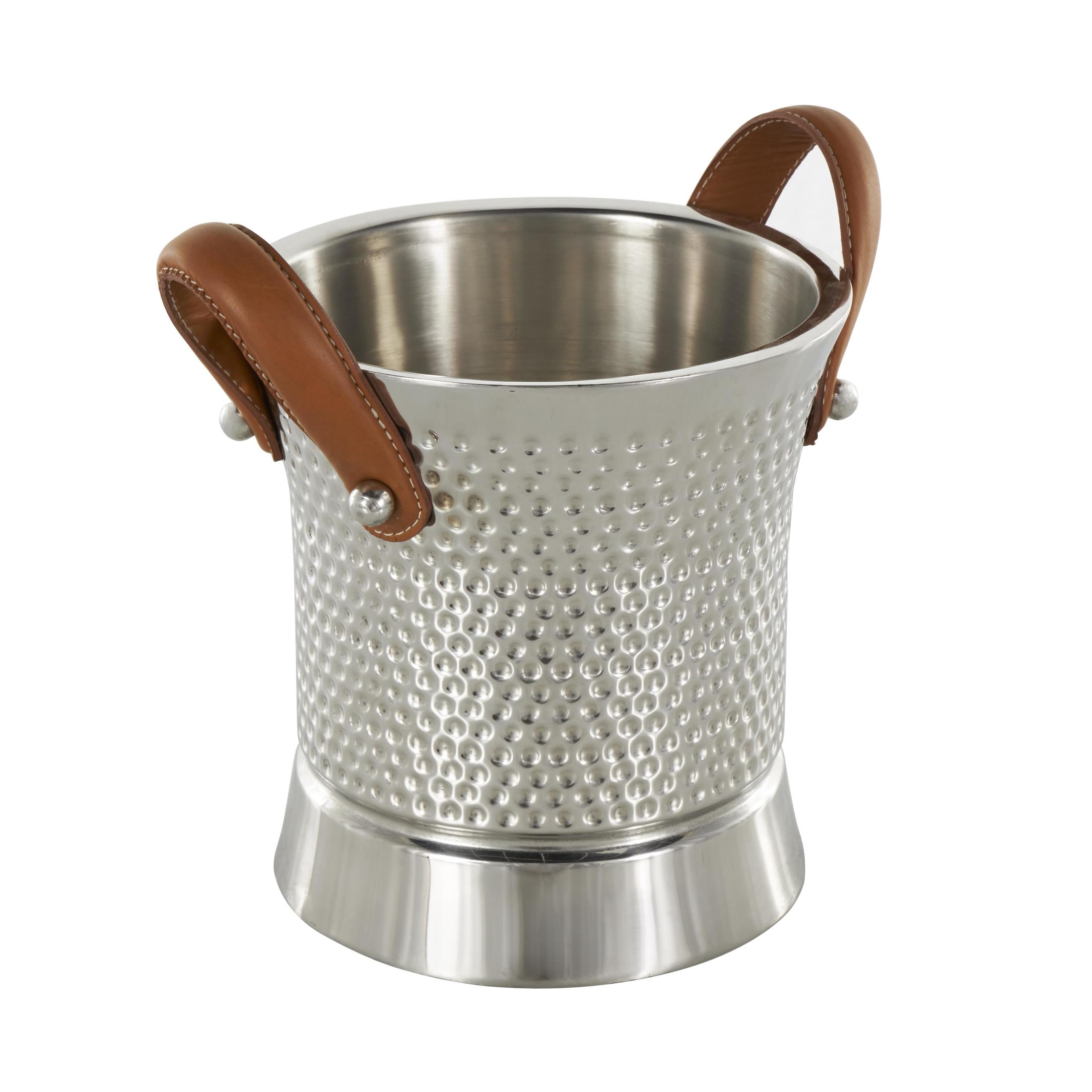 DecMode Round Stainless Steel Metal Hammered Silver Ice Bucket with Brown Leather Handles