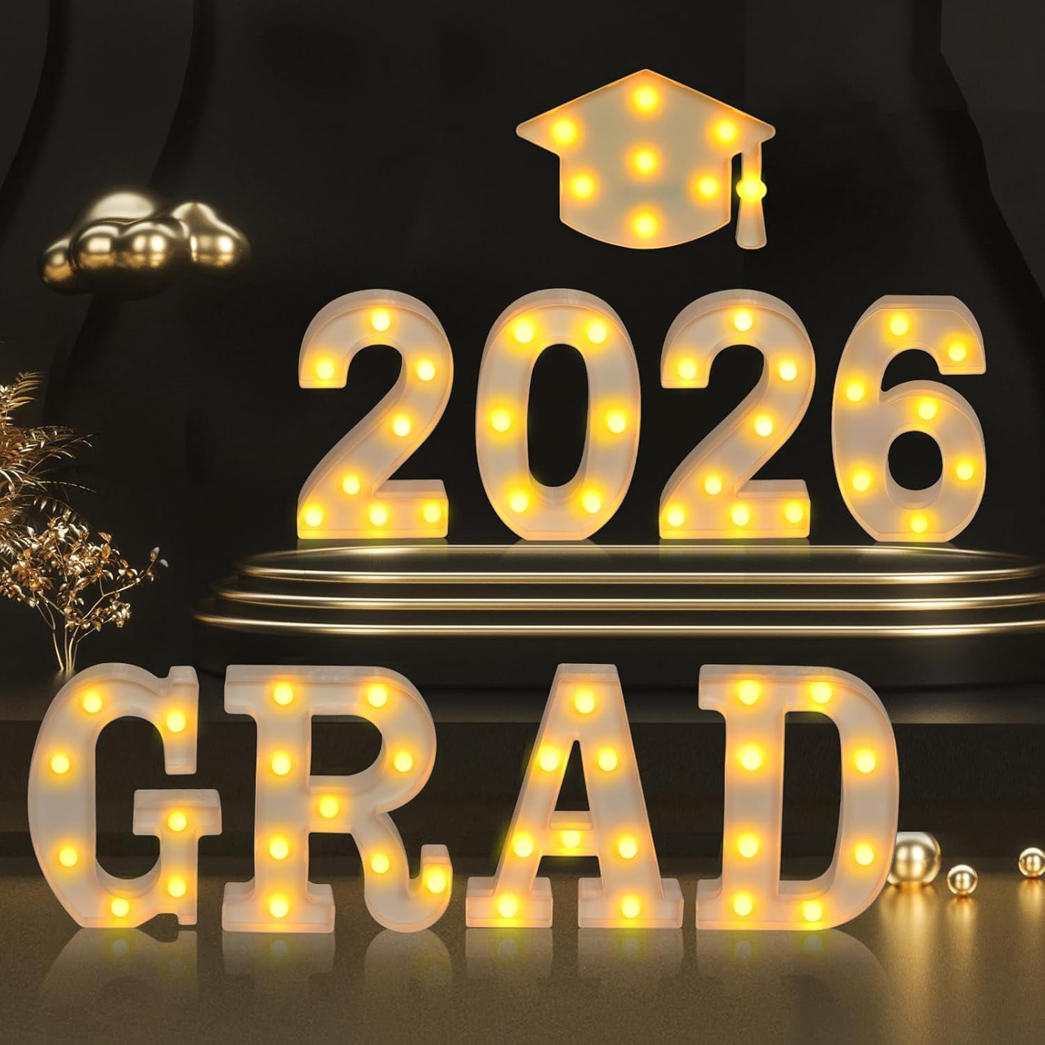 GRAD 2026 LED Light Up Letters Sign with Graduation Cap, Graduation Decorations for Class of 2026 Party, Table or Wall Decor for Kindergarten Preschool High School College
