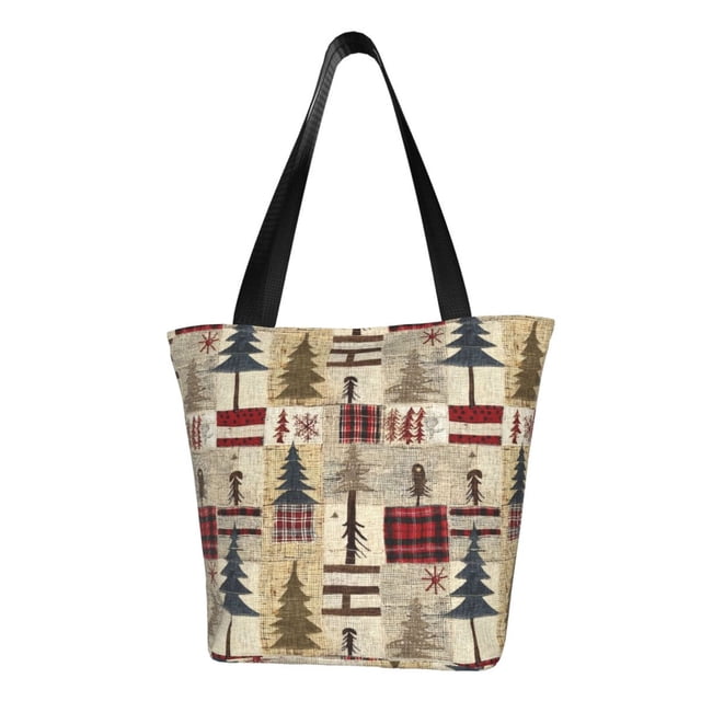 Fotbe Rustic Plaid Forest Lodge Bolsa de Playa con Estampado, Bolsa de Hombro, Bolsa de Mano Espaciosa, Bolsa de Viaje Ligera, Bolsa de Compras Versátil