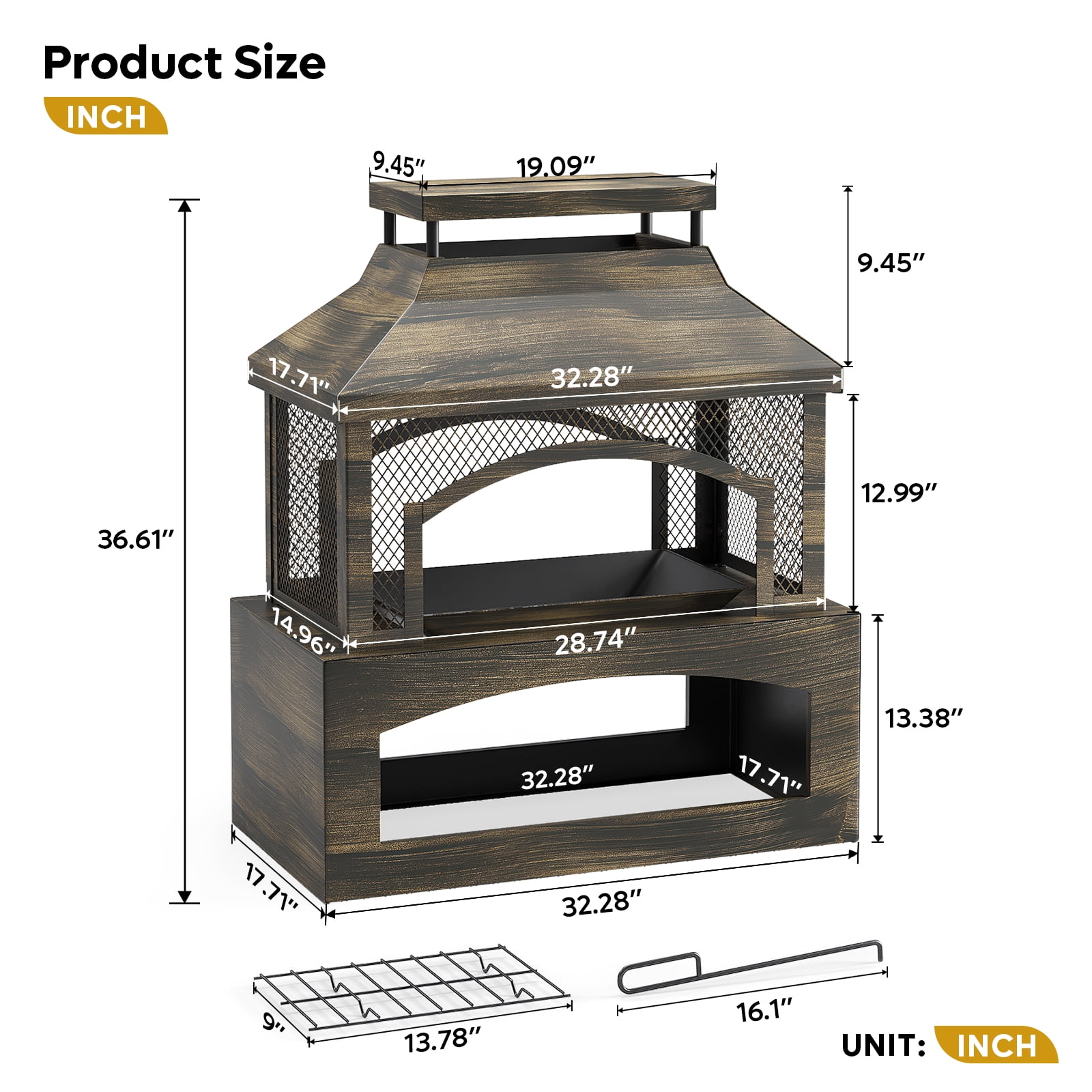 Bestier Fire Pits for Outside Wood Burning, Outdoor Fireplace with Log Storage Rack, Freestanding Chiminea Fireplace with Mesh Screen and Pocker for Backyard Patio Party Camping Picnic, 37"