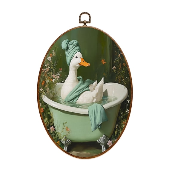 Duck Canvas Wall Art Dark Green Botanical Moody Wildflowers Spa Duck Bathtub Vintage Floral Oval Framed Canvas Prints Vintage Wall Hanging Decor for Home Decorations 8.6"x11.4"