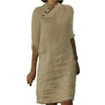 thumbnail image 2 of Casual Stand Collar Button Cotton Linen Solid Color Mid Sleeved Dress Womens Midi Dress Casual Mother of The Bride Dress, 2 of 6