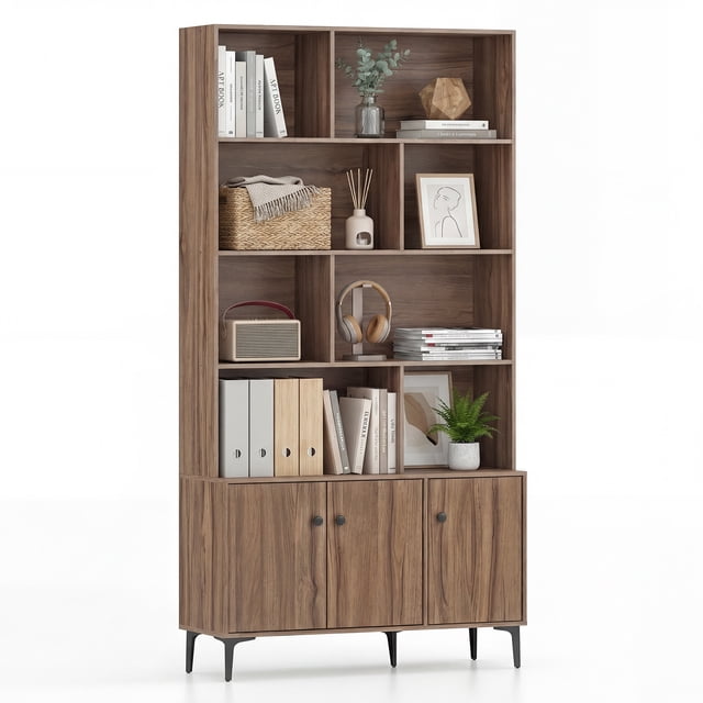 Gymax Bookshelf w/ Doors 5-Tier Floor Standing Bookcase w/ 2 Anti-Tipping Kits Walnut
