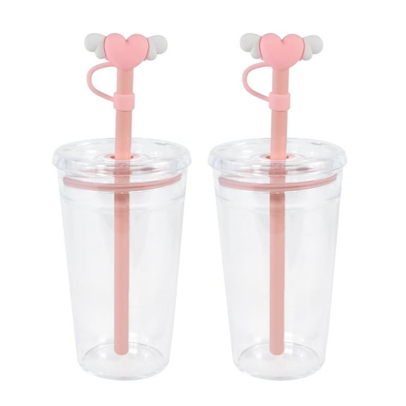 16oz Heart Cold Cup with Lid and Straw, 2 Pack Reusable Plastic Tumblers with Cute Heart Wing Straw Topper, Pink