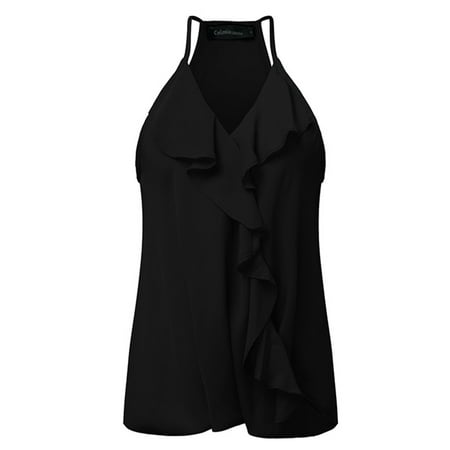 Crochet Spaghetti Strap - Womens V-Neck Spaghetti Straps Solid Falbala Blouses Cami Tank Tops