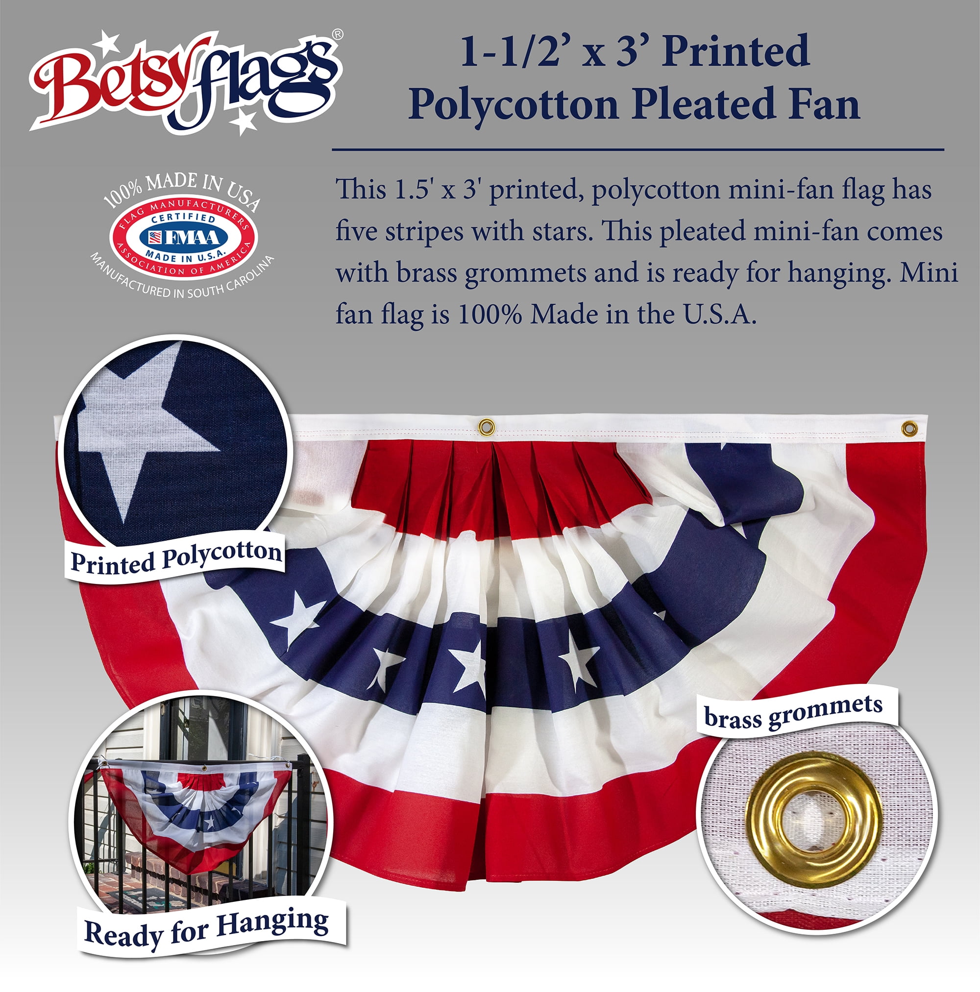 1.5x3ft Printed Polycotton Betsy Flags Mini Fan Flag, Stars and Stripes Bunting