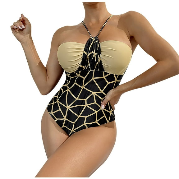 Usmixi Womens One-Piece Swimsuits High Waist Tummy Control Bikini Bathing Suits Sleeveless Halter Geometric Print Swimwear Black XL