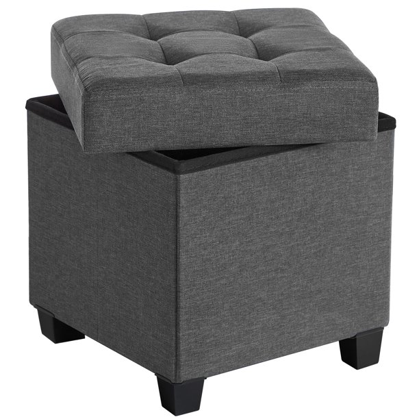 Puff Almancenaje, Banco Almacenaje, 38 x 38 x 40 cm, Taburete con Reposapiés, para Salón, Dormitorio, Gris Oscuro LSF014G01V1