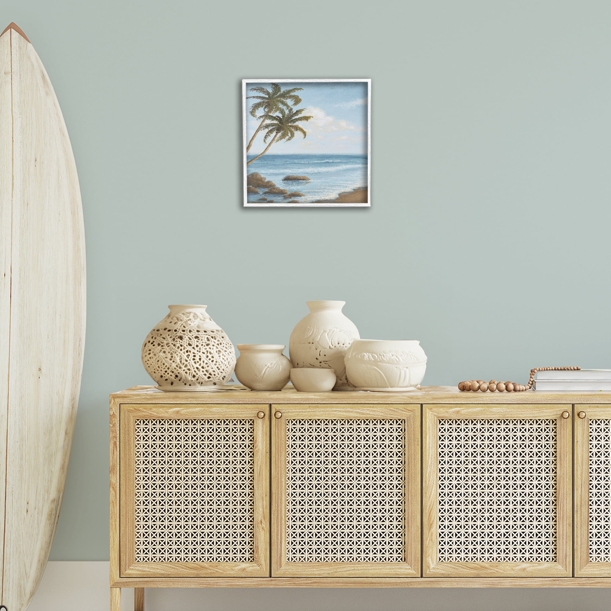 Stupell Industries Palm Trees Looming Beach Coastal Painting White Framed Art Print Wall Art, 17 x 17