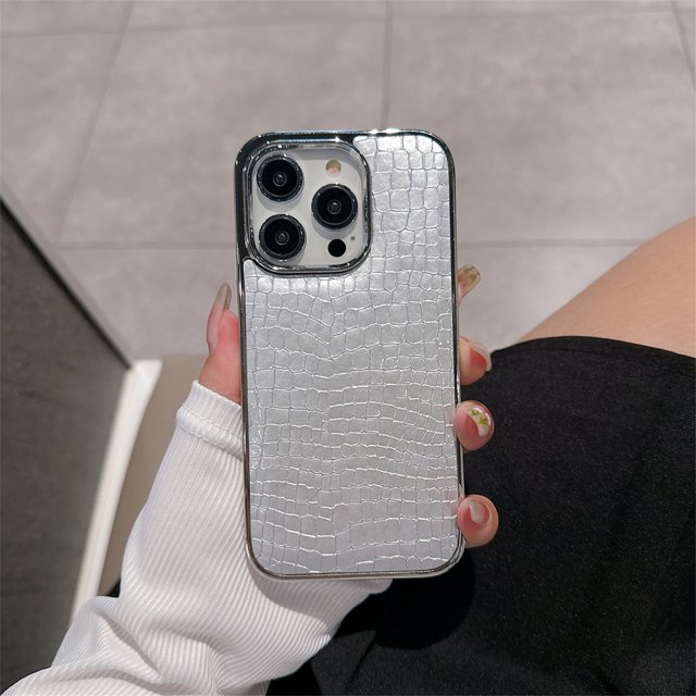 Luxury Glossy Crocodile Pattern Case For iPhone 16 15 14 13 12 11 Pro Max Plus Plating Cool Armor Shockproof Bright Color Cover Silver For iPhone 14 Pro