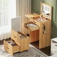thumbnail image 3 of SELOOYE 3-in-1 Vanity with Flip Mirror & Lights, Fluted Compact Vanity Table with 3 Drawers, Storage Compartment and Rolling Stool, Modern Small Makeup Vanity for Bedroom, Powder Room, Natural Oa, 3 of 8