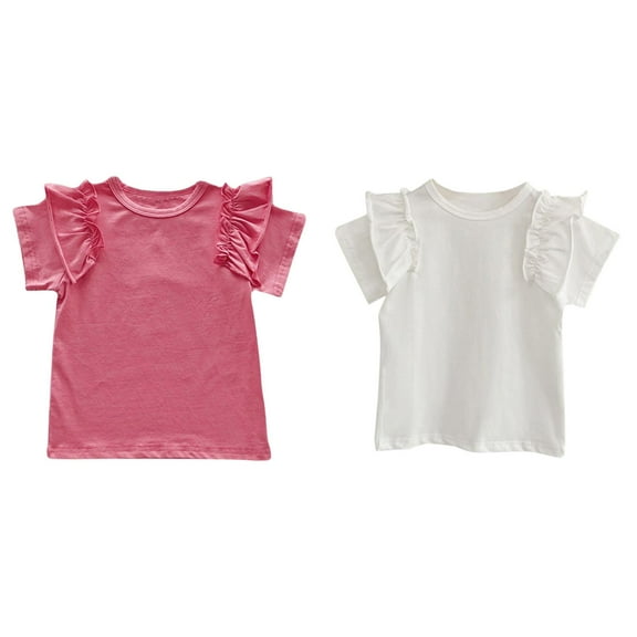 2-Pack Rib Knit Girls Tops - Short Sleeve Lettuce Trim Ribbed Girl Shirts - Stripe/Floral/Solid