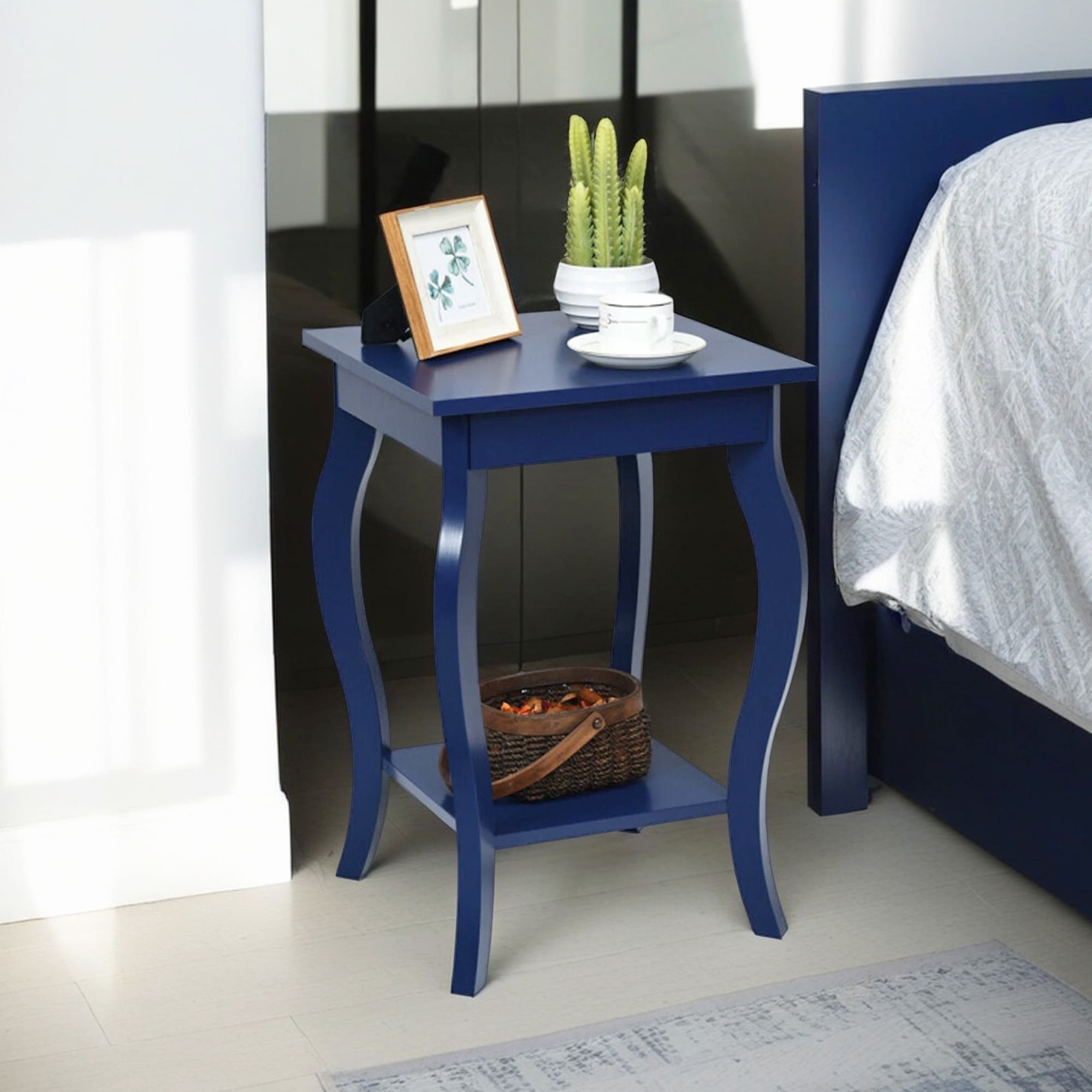 Demi Bonn Set of 2 End Side Table, Square Nightstand, Sofa Table Night Stand with Shelf, for Living Room, Bedroom, Bedroom, Blue