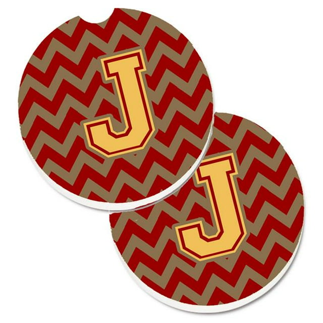 Letter J Chevron Garnet & Gold Set of 2 Cup Holder Car Coaster