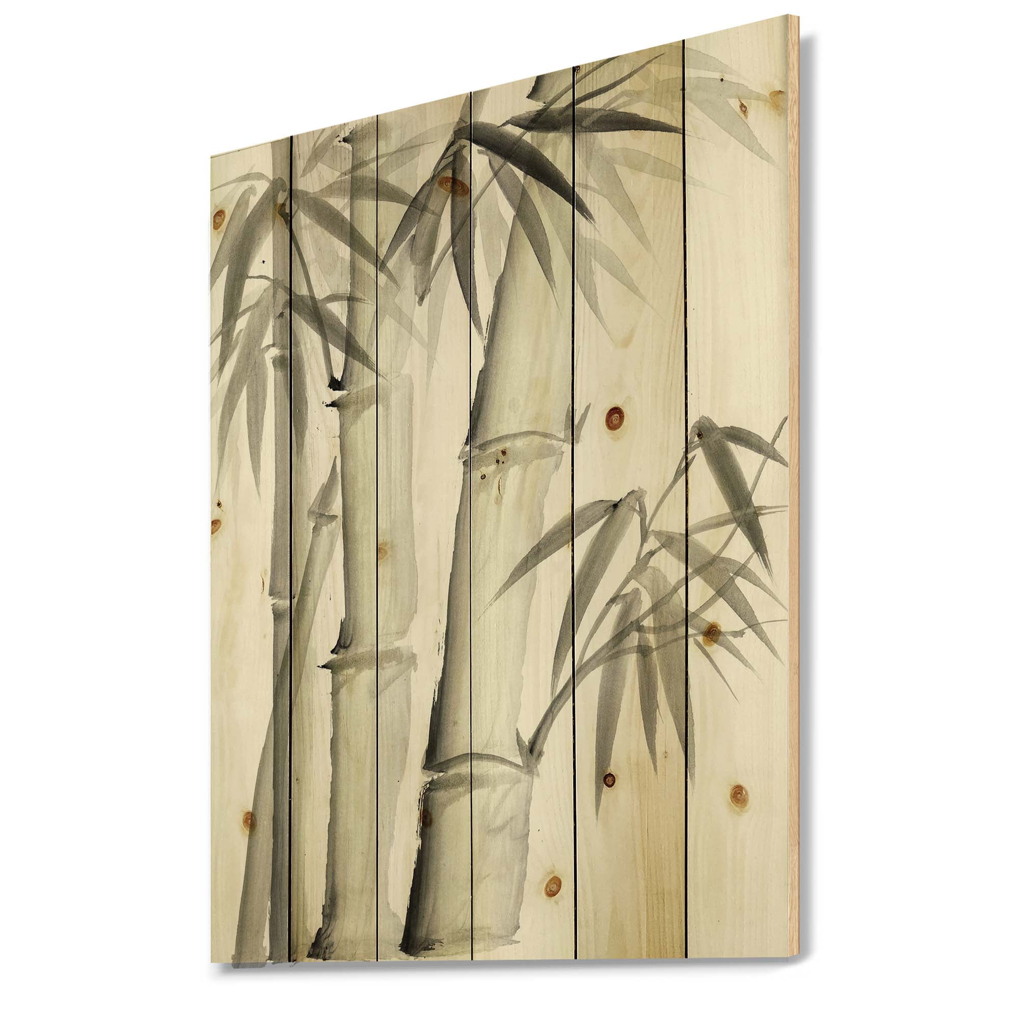 Designart 'Vintage Black and White Bamboo V' Lake House Print on Natural Pine Wood