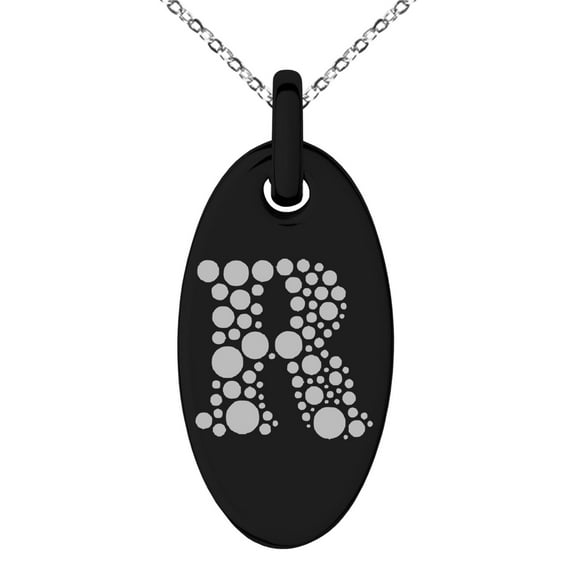 Stainless Steel Letter R Initial Dotted Monogram Engraved Small Oval Charm Pendant Necklace