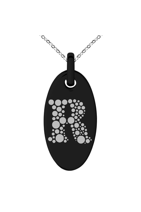 Stainless Steel Letter R Initial Dotted Monogram Engraved Small Oval Charm Pendant Necklace