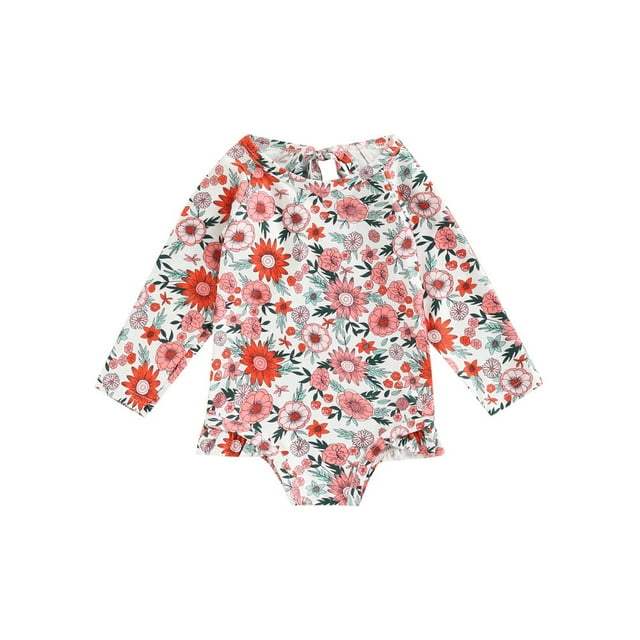 QJUHUNG Baby Toddler Girl Long Sleeve Swimsuit Rashguard Swimwear Ruffled One Piece Bathing Suit