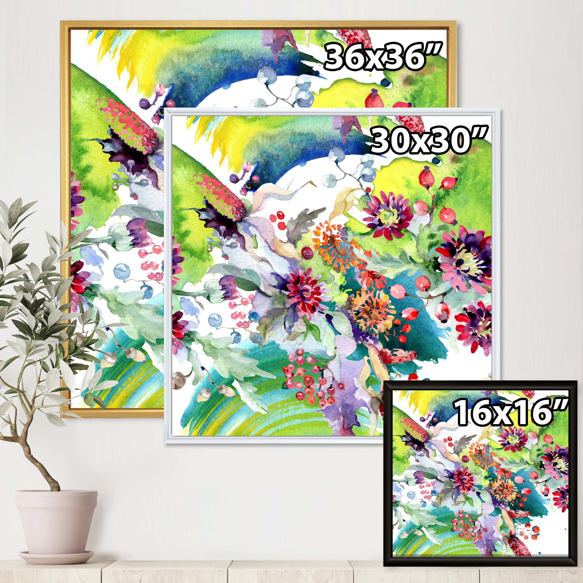 Designart 'Wildflowers and Vibrant Wild Spring Leaves X' Modern Framed Canvas Wall Art Print