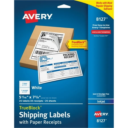 Avery Shipping Labels w/Paper Receipt, TrueBlock, 5 1/16 x 7 5/8, White, 25/Pack
