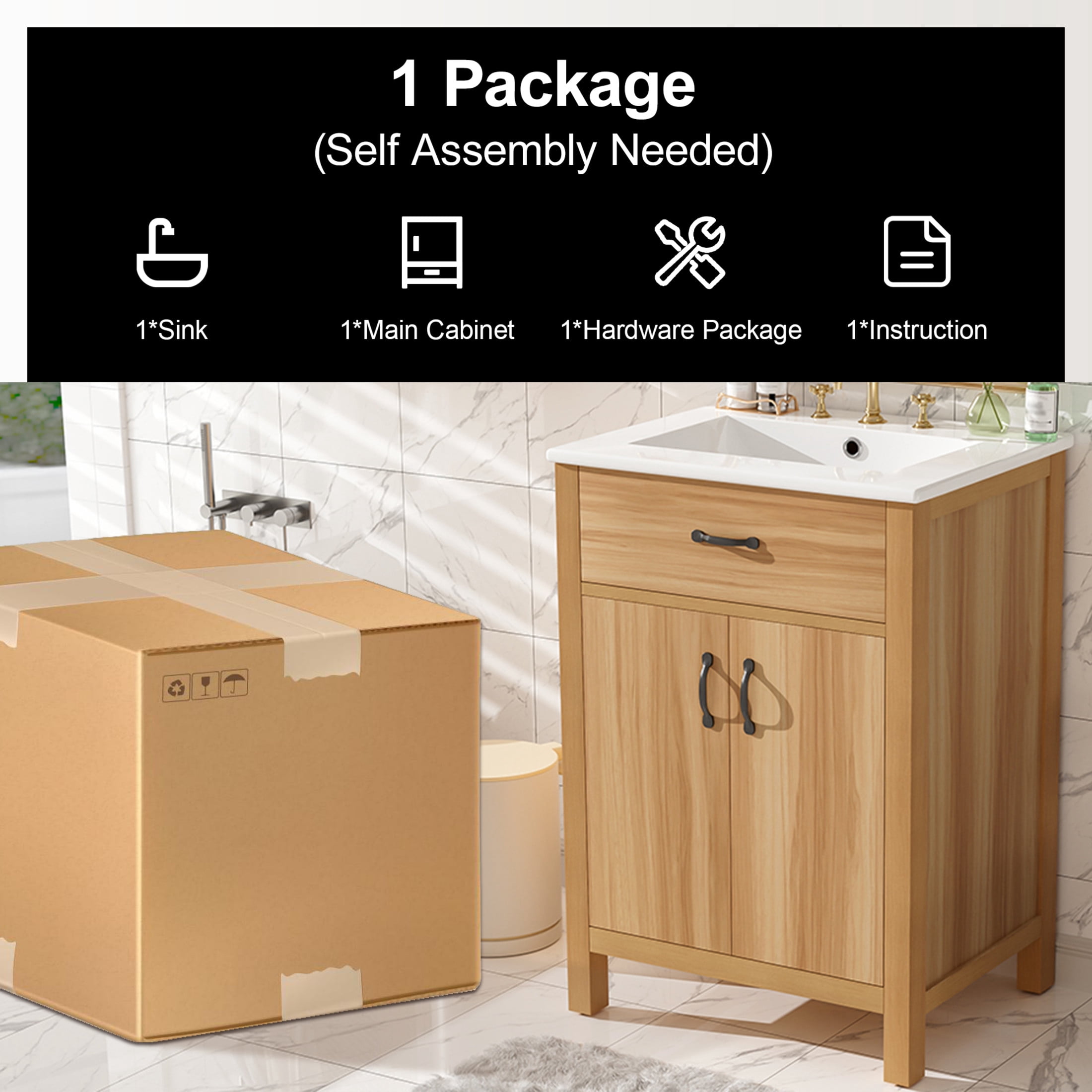 Noble House 24" Bathroom Vanity with Ceramic Sink, Flip Drawer, Soft Close Doors, Adjustable Shelf, Wood Finish