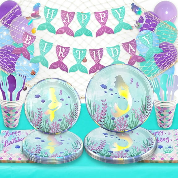 Mermaid Birthday Party Decorations & Supplies Complete Set Kit | Iridescent Banner, Plates, Cups, Cutlery, Napkins, Balloons, Decorative Net, Turquoise Tablecloth | Serves 16