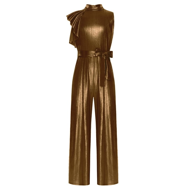 inlzdz Combinaison Longue Taille Haute pour Enfants avec Ceinture, à Volants, Col Rond, Manches Courtes, Doré 8