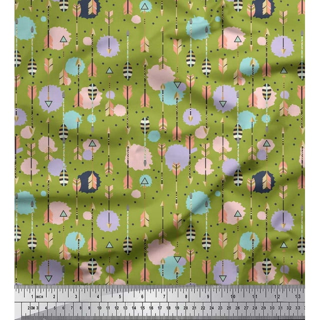 Soimoi Green polyester Crepe Fabric Dot & Arrow Tribal Printed Fabric 1 Yard 52 Inch Wide