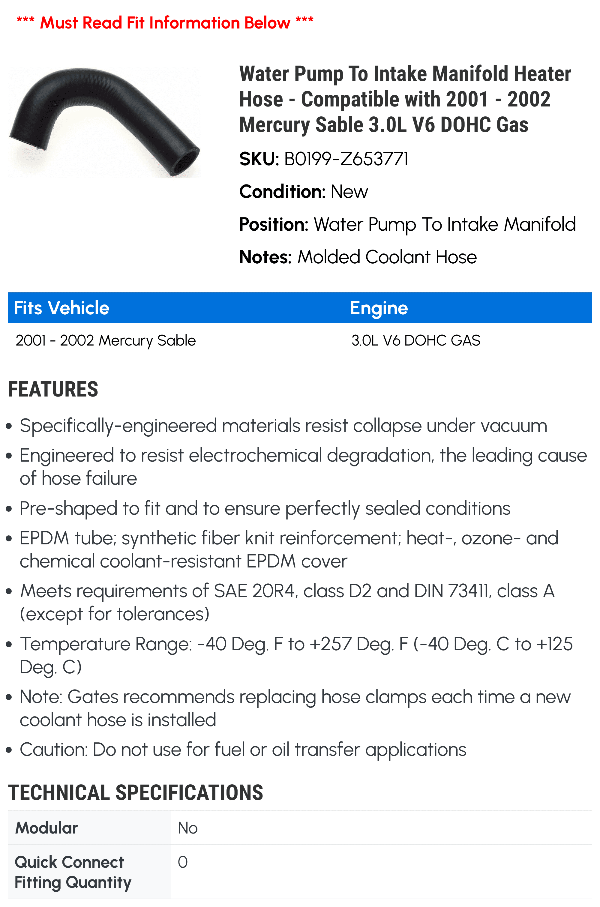 Water Pump To Intake Manifold Heater Hose - Compatible with 2001 - 2002 Mercury Sable 3.0L V6 DOHC Gas - Gates
