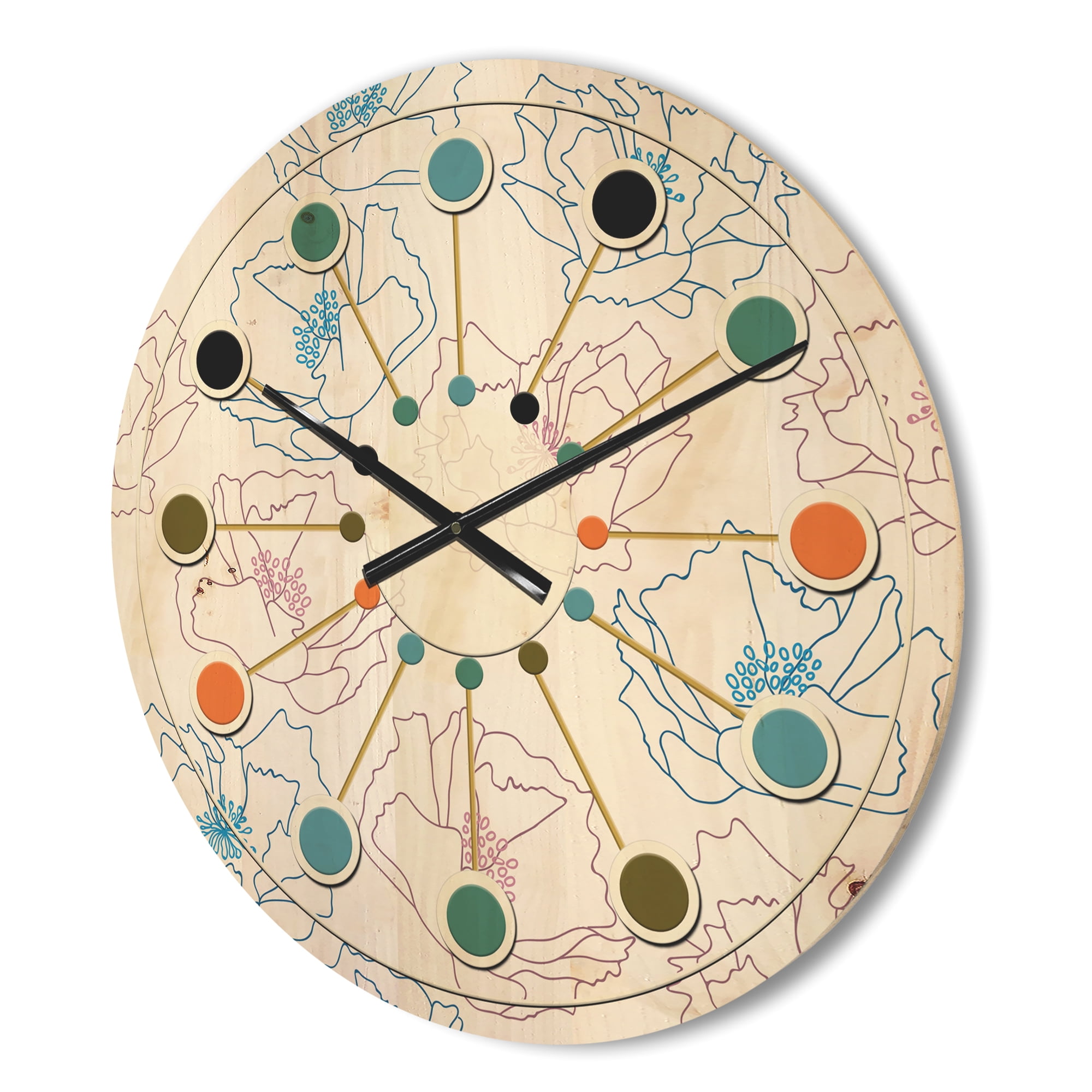 Designart 'Retro Abstract Poppies I' Mid-Century Modern Wood Wall Clock