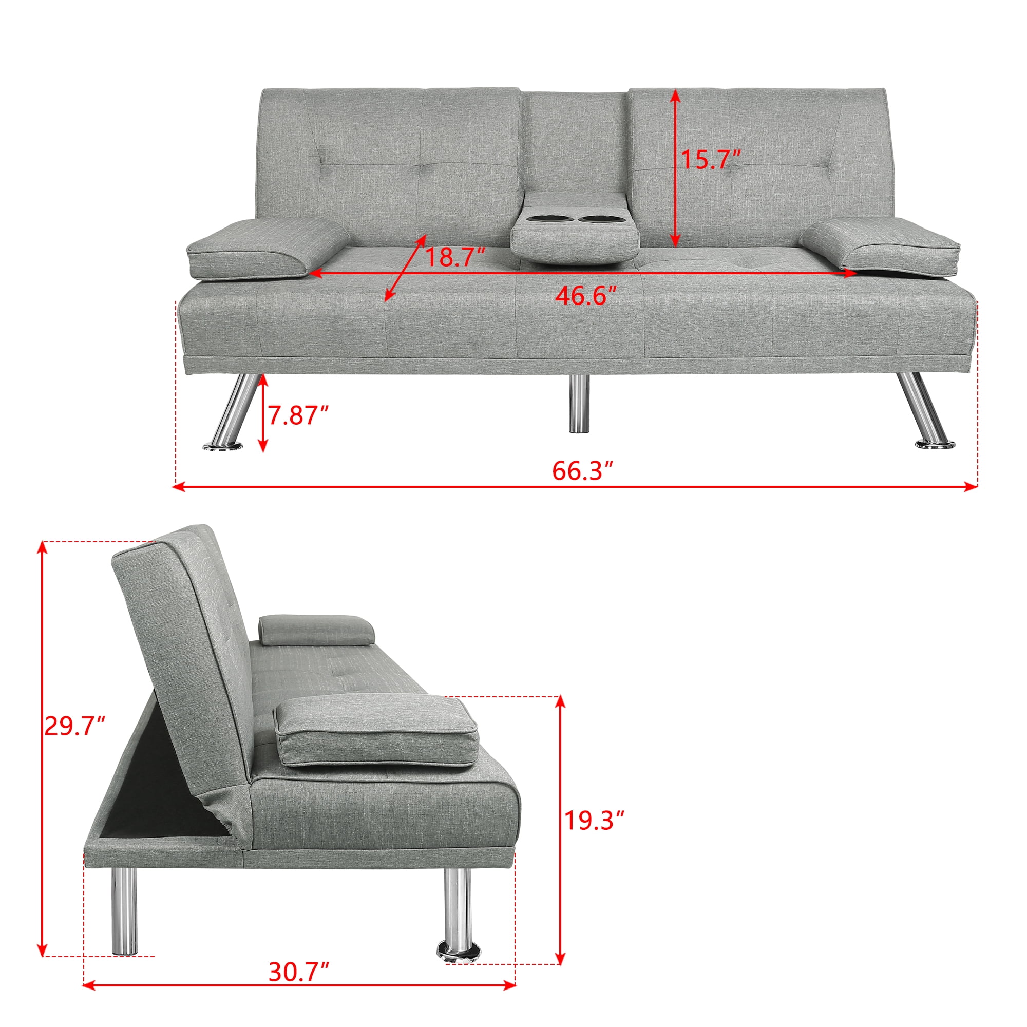 Derzers Linen Convertible Futon Sofa Bed Twin with Adjustable Backrest with Cup Holders, Light Gray
