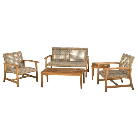 GDF Studio Camdyn Outdoor 4 Piece Wicker Chat Set with Acacia Wood Frame, Natural Stained