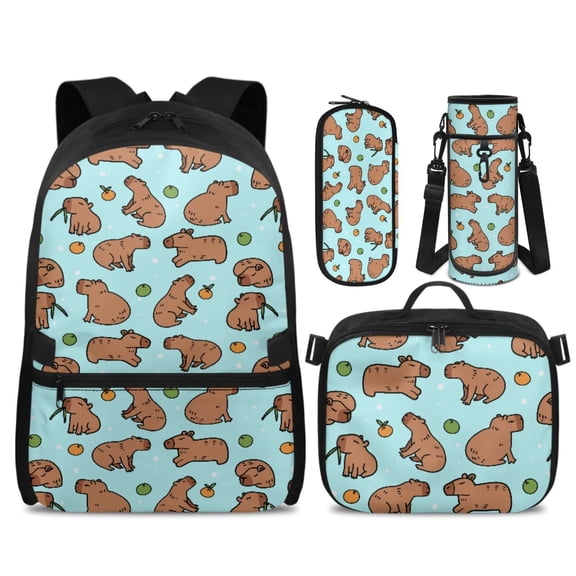 Bulopur Cartoon Capybara Print Kids Backpack Set 4 Pcs Fruit Breathable Kids School Bag with Lunch Box, Pencil Case and Water Bottle Cover for Capybara Lover Toddler Girls