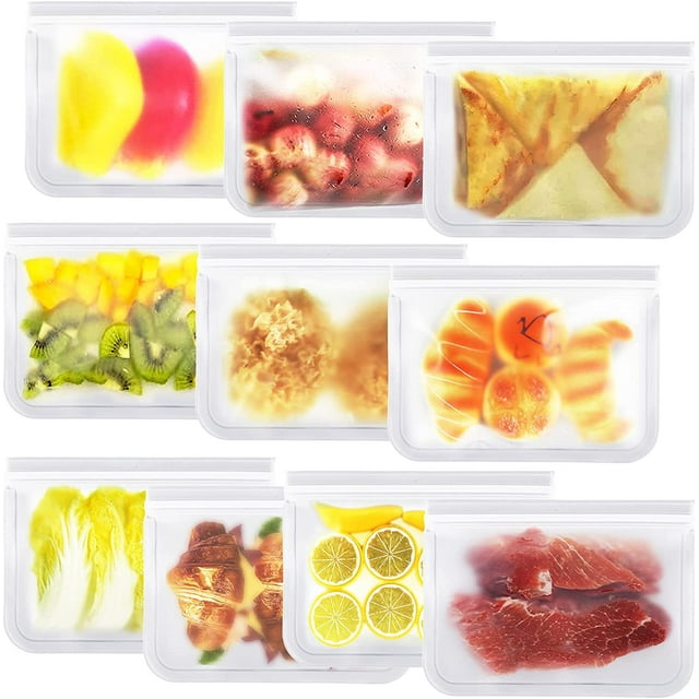 Reusable Sandwich Bags, 10 Pack Reusable Food Storage Bags BPA Free Reusable Quart Freezer Bags Silicone and Plastic Free Lunch Bags for Meat Fruit Veggies Snacks Travel