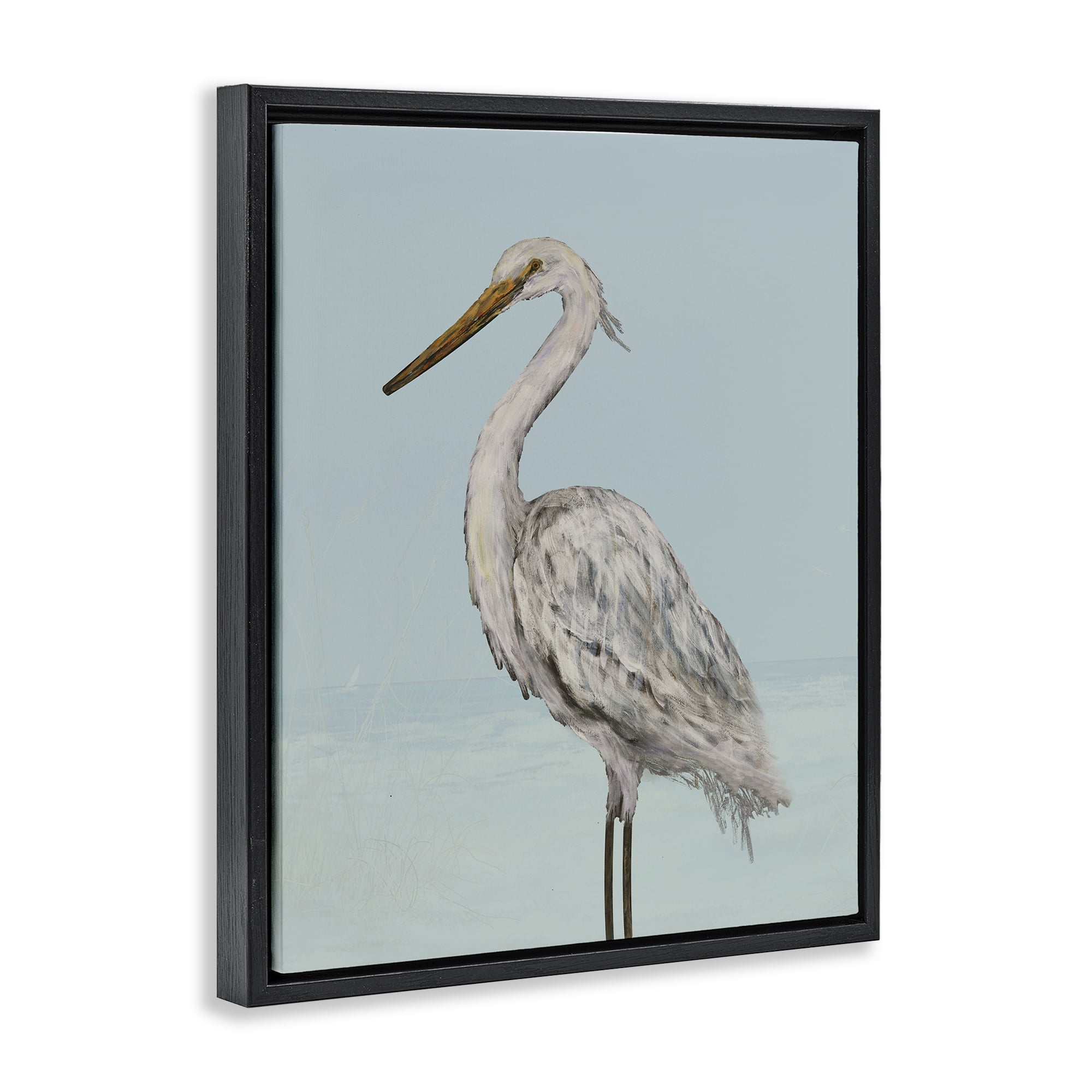 Stupell Industries Coastal Heron Muted Blue Black Framed Floater Canvas Wall Art, design by Julie DeRice