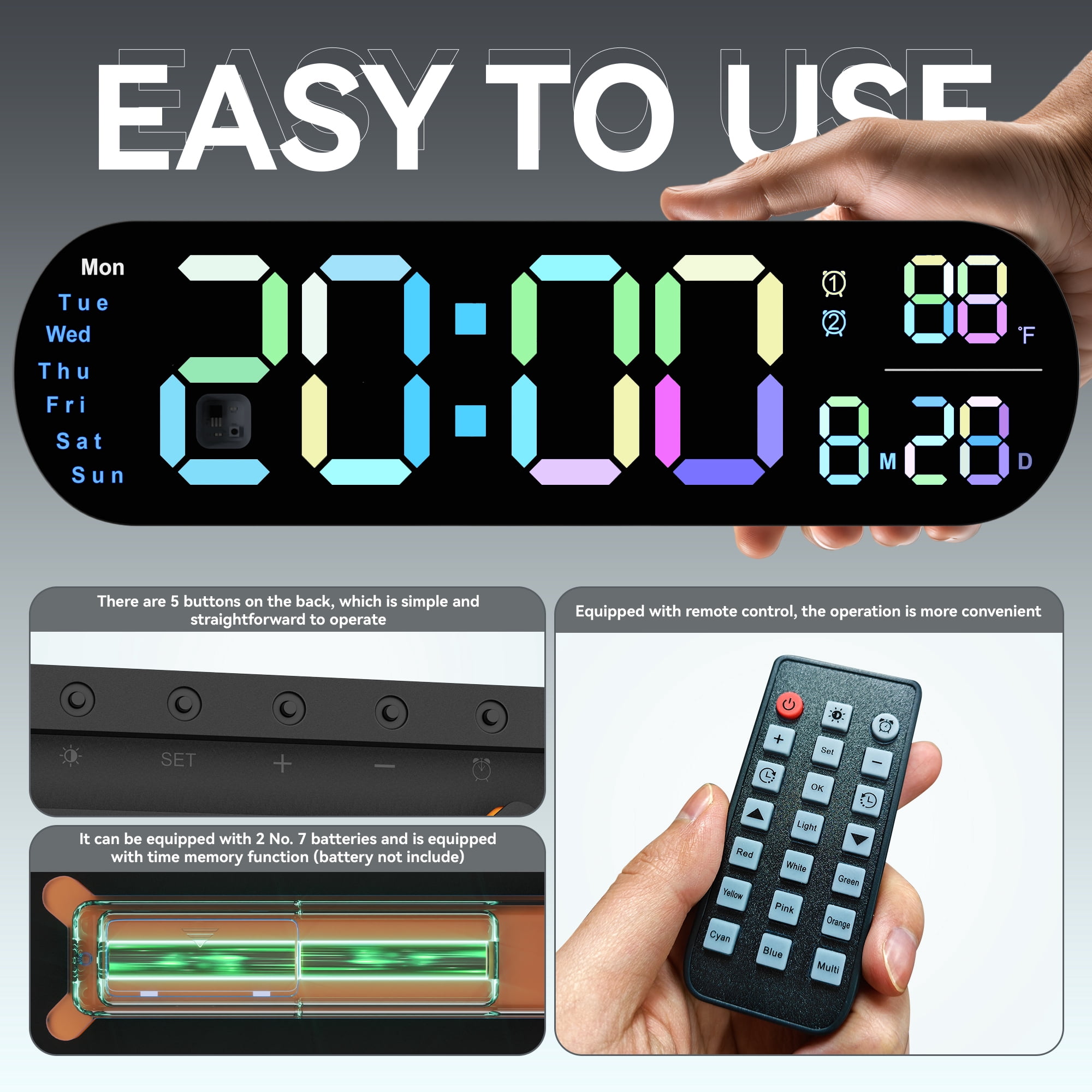 Large Digital Wall Clock with Dual Alarms and 10-Level Automatic Brightness Adjustment Remote Control to Easily Set The Wall Clocks, 13’’ Colorful Wall LED Clock for Bedroom, Living Room Decor