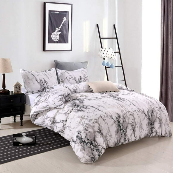 Luxury Marble Pattern Bedding, Microfiber Duvet Sets with Reversible Design, Down Alternative Filling, Fade Resistant All Season Comforter, Deep Pocket Sheets for Queen Size Mattress, Elegant Gift Set