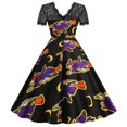 thumbnail image 5 of ERFCXS Costume d'Halloween pour Femmes Fantôme Marche Feu de Camp Veilleuse Citrouille Imprimé Dentelle Robe à Manches Courtes Rétro Jeu de Rôle Robe Swing Chauve-Souris Confortable Cosplay Robe à Fermeture Éclair Jaune P, 5 of 5