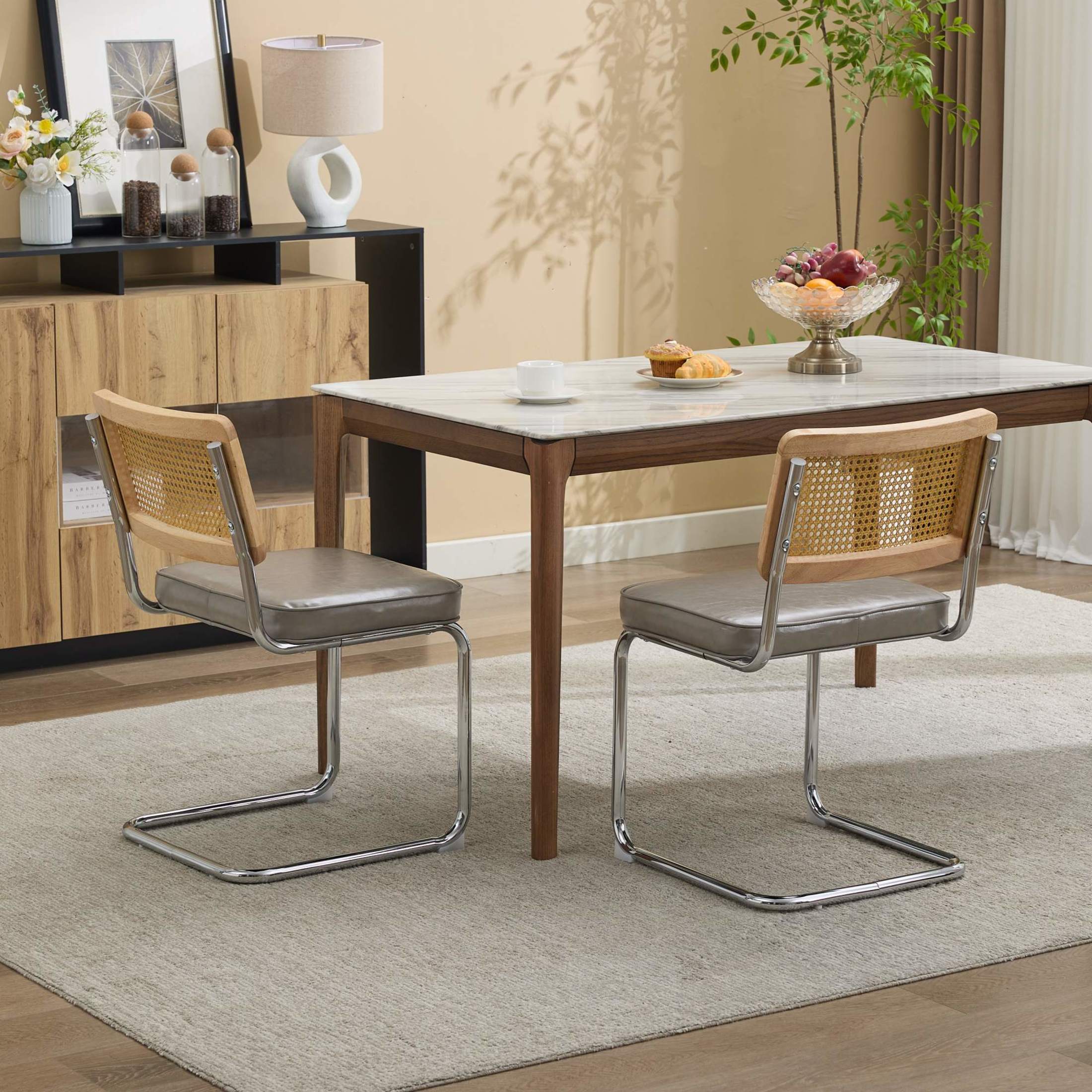 GDF Studio 23.2" Dining Chairs Set of 2 with PU Upholstery, Natural Cane Back & Chrome Metal Base, Gray