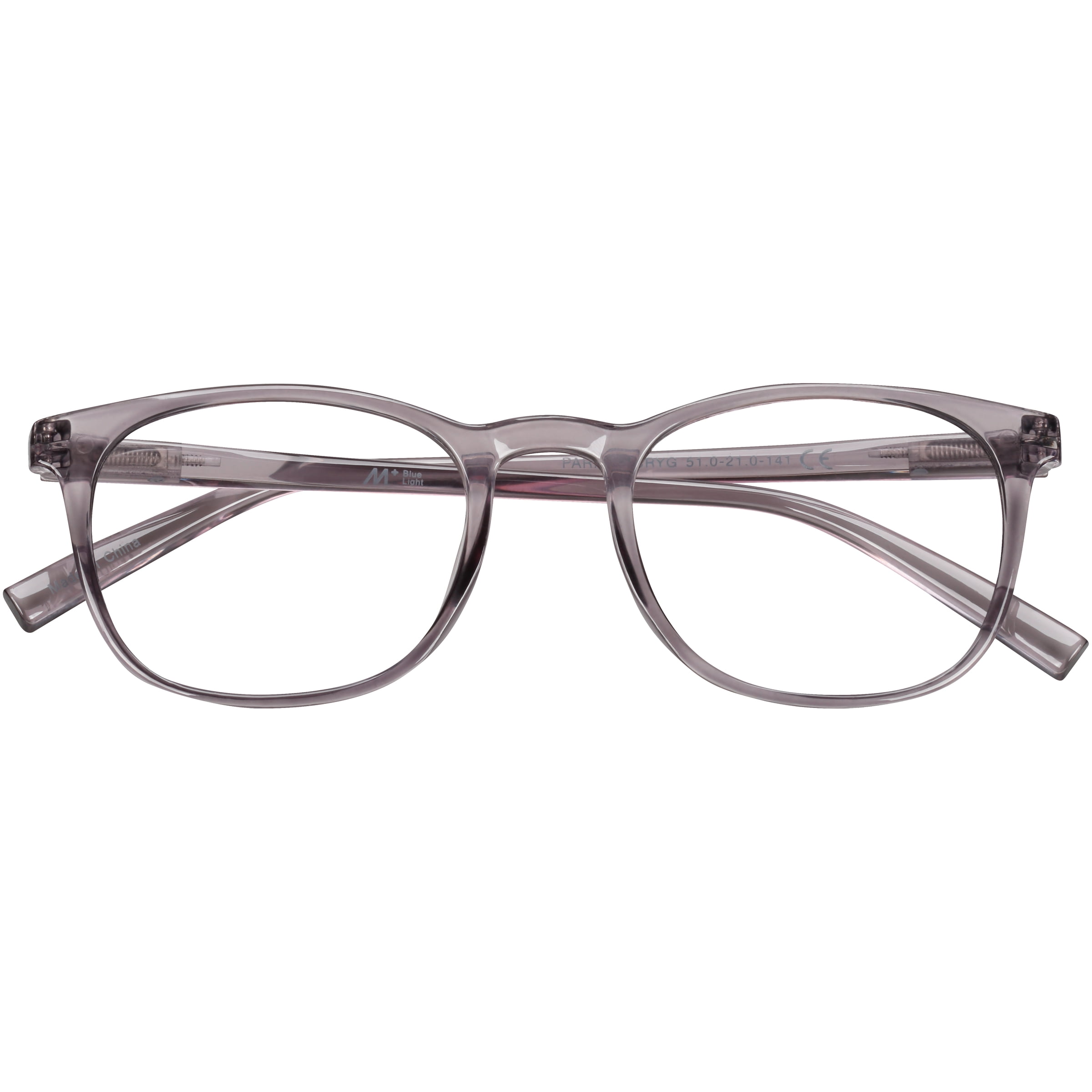 M+ Glasses Adult Plano Blue Light Lens Injection Unisex Frames, Parker, Grey Crystal, 51.0 - 21.0 - 141, with Case