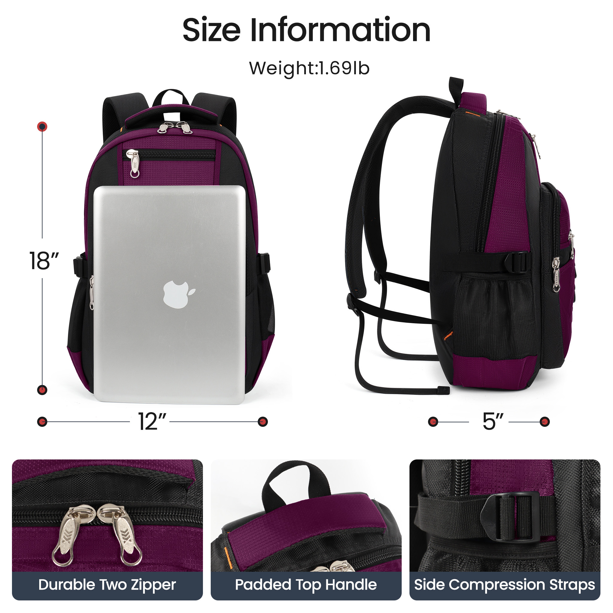 Travel Backpack for Men Women Water-resistant Multi-Pocket Bag Lighweight Casual Work Hiking Daypack School Bookbag, Purple, BP8017