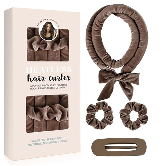 Sinkoo No Heat Hair Rollers Brown Curling Set, 59" Heatless Curling Set, Super Soft Ribbon Wrap for Long Hair, Brown Curling Set with 2 Scrunchies and 1 Clip, All Hair Types