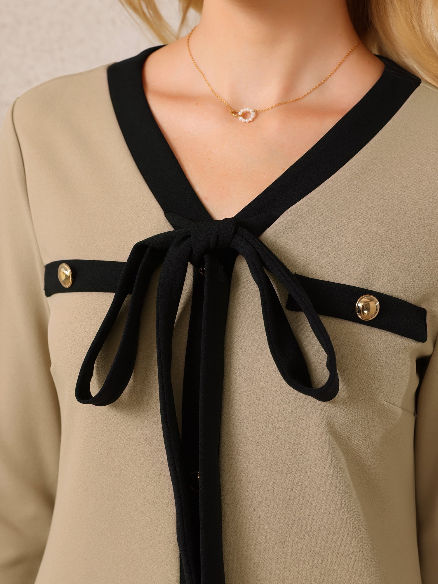 DARING DIVA Women's Elegant A-Line Contrast Color V Neck Dress M Khaki