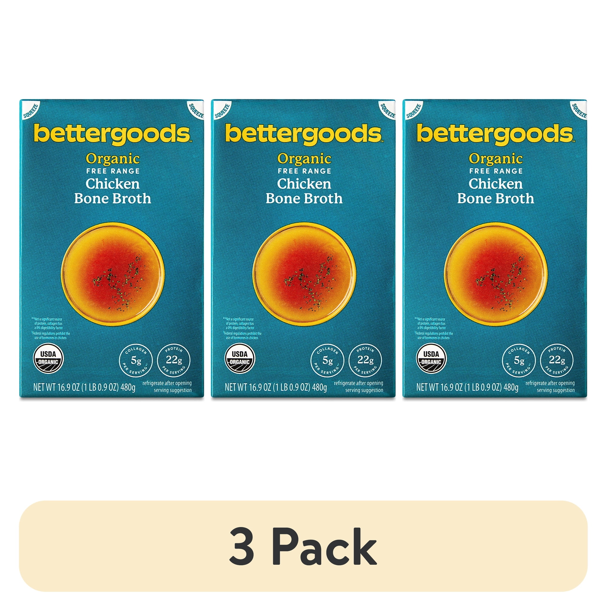 (3 pack) bettergoods Organic Free Range Chicken Bone Broth, 16.9 oz Carton